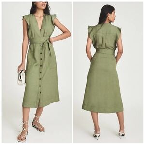 REISS Emma Midi Dress | Size US 2 | NWOT | V-Neck A-Line | Linen Blend